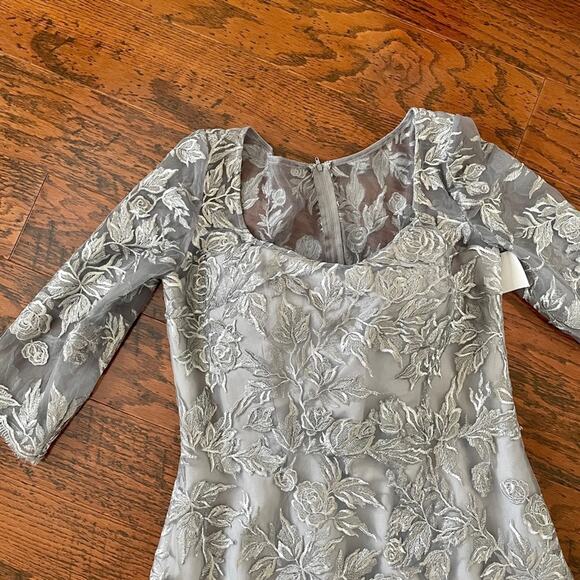 La Femme Formal Gown 3/4 Sleeves Silver Embroidered Mesh A-Line Size 14 NWT - Picture 5 of 13